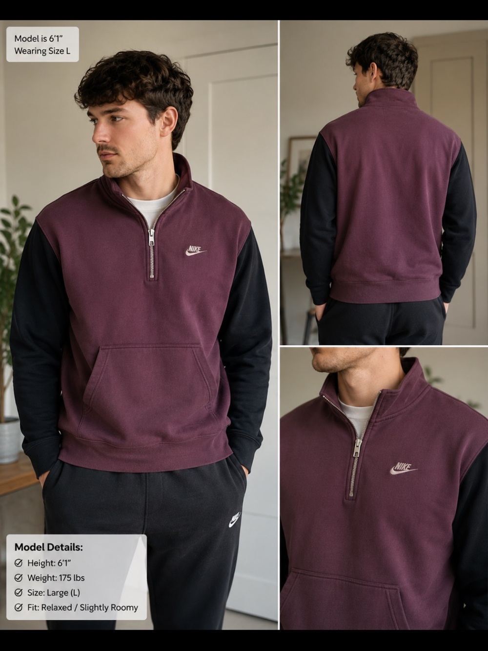 Nike 1/4 Zip Pullover Sweatshirt Men’s Large Burgundy Black Streetwear